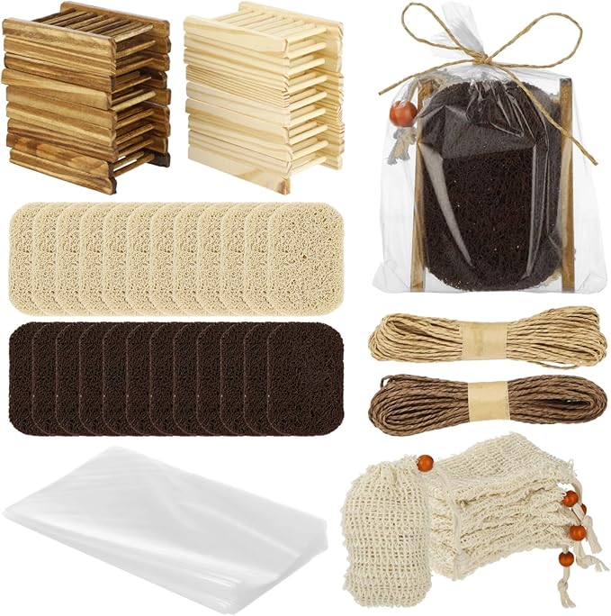 72 Pcs Soap Saver Set, Includes Wooden Soap Holders, Soap Saver Pads, Soap Bags, Paper Ropes, and Clear Packing Bags, Soap Accessories Set for Bathroom, Shower