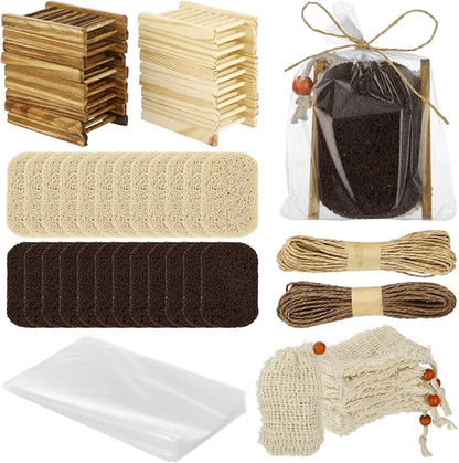 72 Pcs Soap Saver Set, Includes Wooden Soap Holders, Soap Saver Pads, Soap Bags, Paper Ropes, and Clear Packing Bags, Soap Accessories Set for Bathroom, Shower
