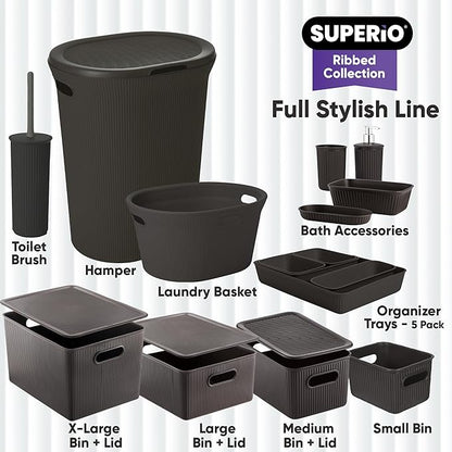 Superio Ribbed Collection - Decorative Plastic Toilet Bowl Brush and Holder Set, Brown (1 Pack) Cleaner Scrubber for Bathroom