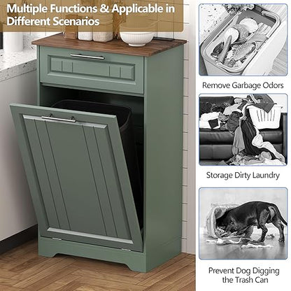 Single 10 Gallon Tilt Out Trash Can Cabinet with Deodorizing Function, Wooden Hidden Garbage Can Holder with Storage Drawers for Kitchen and Dining Room, Laundry Hamper Cabinet for Bathroom, Green
