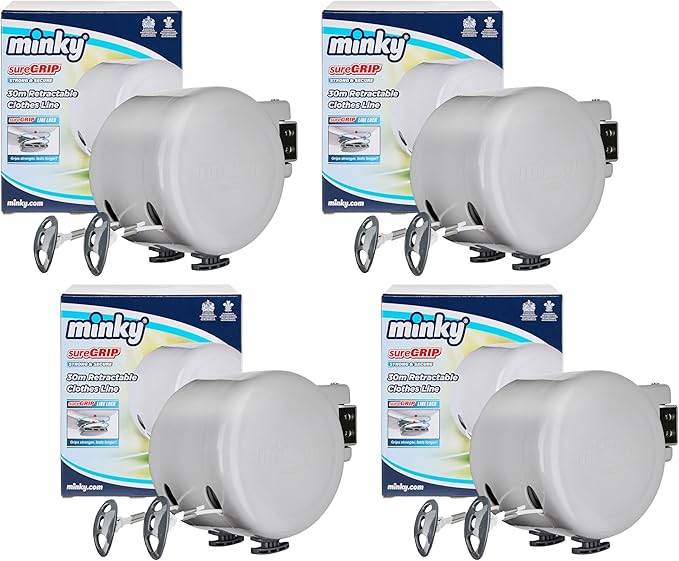 Minky Homecare Retractable Clothesline, PVC Coated, Outdoor | Dual Line | Heavy Duty | Space Saving | 49 Feet, Pack of 4