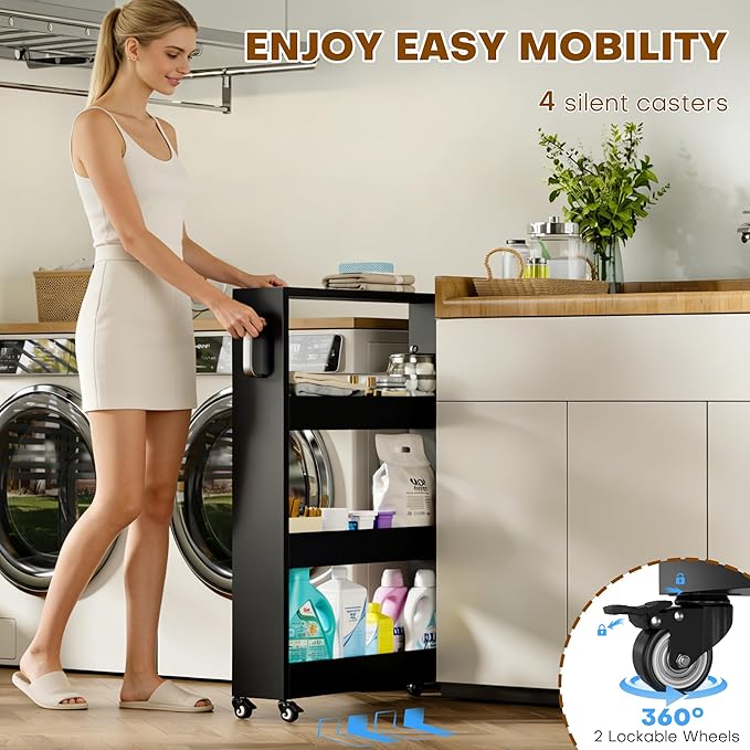 Slim Storage Cart, Lightweight 4 Tier Metal Rolling Utility Kitchen Cart on Wheels, Mobile Storage Shelving Unit Organizer for Bathroom Laundry Office Narrow Places (4 Tier-Black, 6" D)