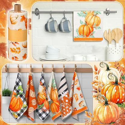 Mindsoft 36 Pcs Fall Reusable Paper Towels Rolls Washable Bulk Autumn Pumpkin Black White Plaid Kitchen Towels Paperless Reusable Cloth Cotton Napkins with Cardboard for Kitchen Bathroom