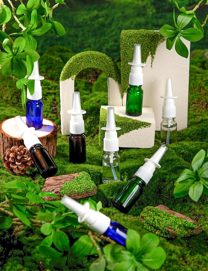 10 Pcs Nasal Spray Bottle, 10ML/0.35OZ Glass Brown and Bule Nasal Spray Bottles Empty Refillable with 2 Funnels and 2 Labels