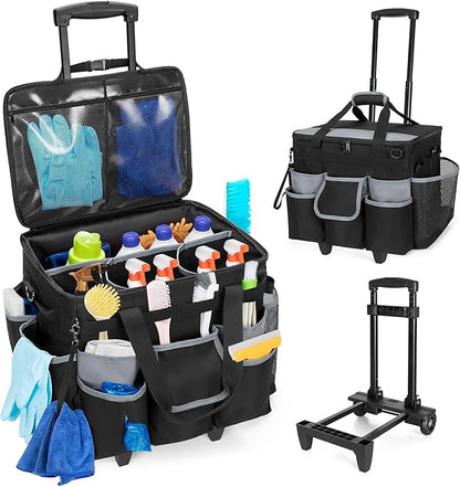 HODRANT Large Rolling Cleaning Caddy with Detachable Trolley & Lid, Cleaning Cart on Wheels with Shoulder Strap & Handles, Cleaning Supplies Organizer with Multi Pockets for Cleaning Tools Storage