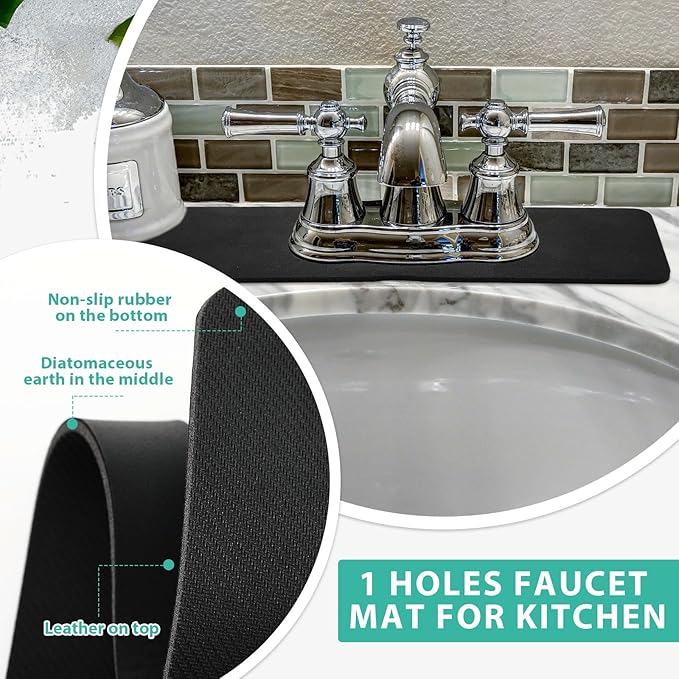 Tioncy 2 Pcs Faucet Mat Sink Splash Guard Oval-hole Oval Splash Pad for Kitchen Sink Oval Base Diatomite Faucet Mat for Bathroom Absorbent Mat Splatter Screens(Black)