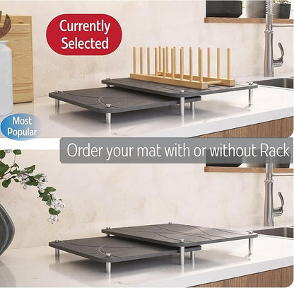 Nested Dish Drying Stone Mat with Bamboo Rack | 2 Pcs Diatomaceous Earth Stone Drying Mats for Kitchen Counter with Non-Slip Feet | Collapsible Large Drying Stone for Dishes (Dark Gray)