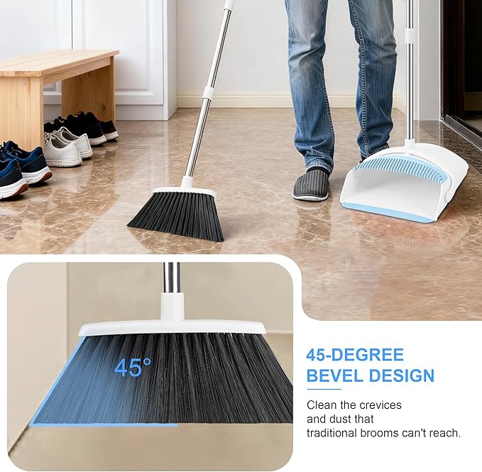 BSKLIN Broom and Dustpan Set, Broom with Dustpan Combo Set with Teeth to Clean Pet Hair 52-in Long Adjustable Handle Broom for Home Office Kitchen Lobby