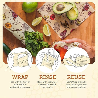 Bee's Wrap Beeswax Wraps for Food - 3 Pack of Assorted Beeswax Wraps - Small, Medium & Large Wrap - Plastic Free Made in USA Reusable Natural Food Wrap - Meadow Magic Print
