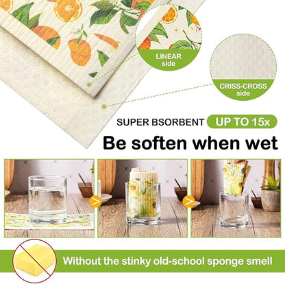 Patelai 6 Pcs Mixed Fruit Swedish Kitchen Dishcloths Reusable Dish Towels Absorbent and Quickly Dry Cleaning Cloths for Kitchen Lemon Orange Strawberry Blueberry Cherry Avocado Cleaning Wipes