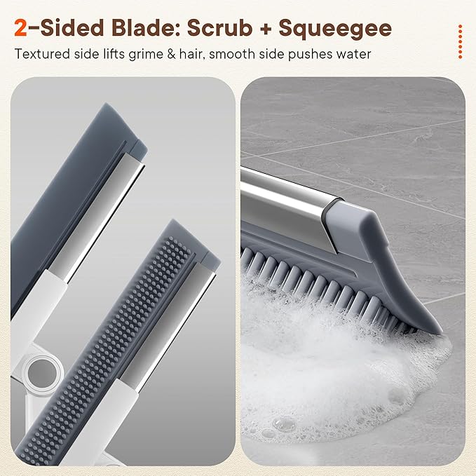 Floor Squeegee Broom with Long Handle, 2 in 1 Rubber Broom with Scrubbing Teeth for Water Removal, Shower, Bathroom, Kitchen, Tile, Concrete, Garage and Pet Hair