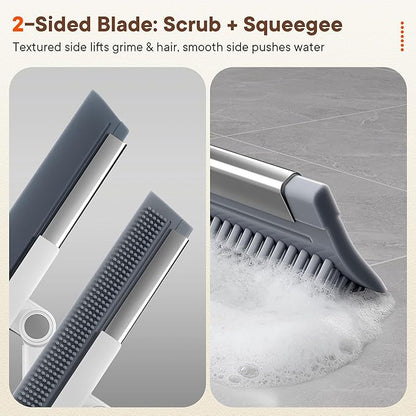 Floor Squeegee Broom with Long Handle, 2 in 1 Rubber Broom with Scrubbing Teeth for Water Removal, Shower, Bathroom, Kitchen, Tile, Concrete, Garage and Pet Hair