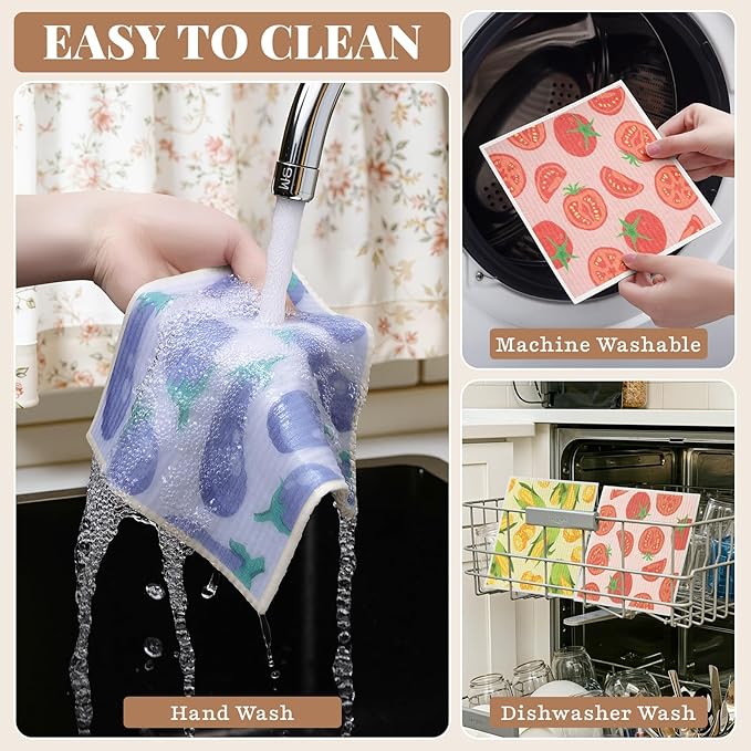 Homaxy Swedish Dishcloths for Kitchen, 6 Pack Vegetable Reusable Paper Towels with Clips, Absorbent Cellulose Sponge Dish Cloths for Washing Dishes, Non-Scratch & Odor-Free Dish Rags