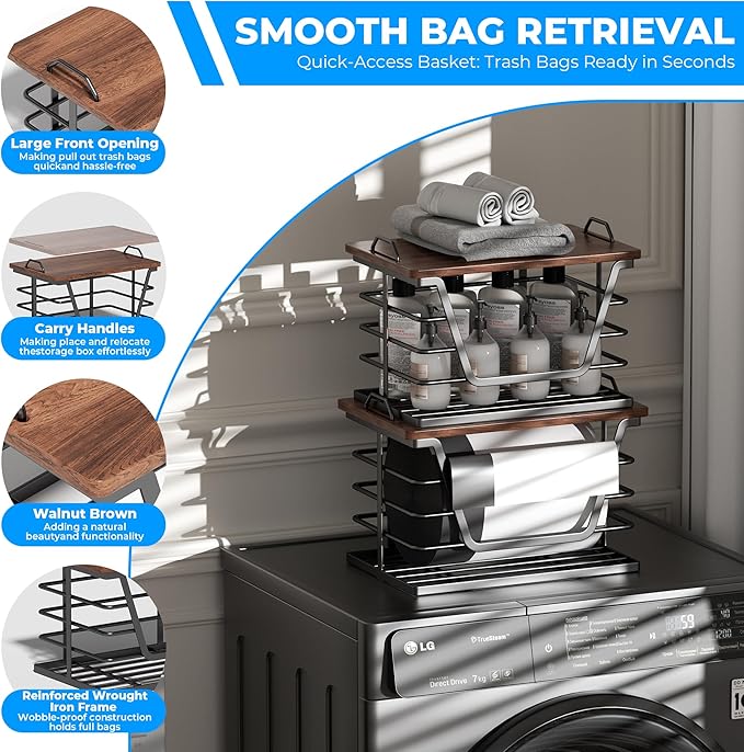 Trash Bag Holders with Wood Top, Large & Small Garbage Bag Dispenser for Kitchen, Pantry, Laundry Room Organization, Wall Mount or Countertop Use, Black Larger