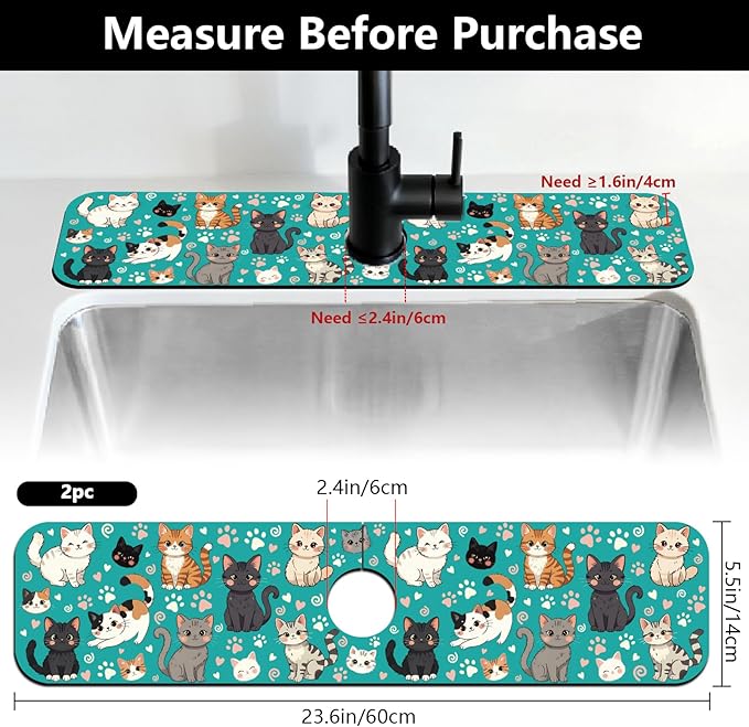 2 Pcs Kitchen Sink Splash Guard Faucet Mat Various Cats Pattern Faucet Mat for Sinks Paw Prints Absorbing Drying Mats for Kitchen Bathroom, 23.6x5.5inch