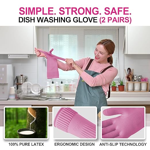 DABOGOSA Mamison 2 Pairs Reusable Waterproof Household Dishwashing Cleaning Rubber Gloves, Non-Slip Kitchen Glove (Pink, Large (Pack of 2))