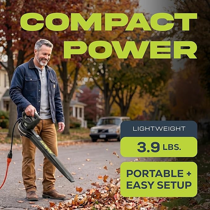 Sun Joe Corded Electric Leaf Blower Machine, 155 MPH, 260 CFM, 6-Amp Motor, Black - Portable and Lightweight Gardening Equipment for Yard Care and Lawn Maintenance, SBJ597E