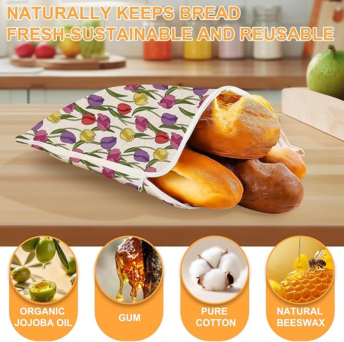 New Zipper Design Beeswax Bread Bags for Sourdough, Reusable Beeswax Bread Bags for Homemade Bread, Natural Bees wax Lining Bread Bag Keeps Bread Fresh and Moist, Extends Shelf Life (2-pack)