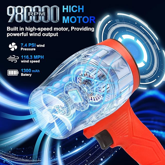 21V Handheld Leaf Blower – 98,000RPM High-Speed Motor, 1.7LB Ultra-Lightweight Hand Blower with 2 Batteries & Charger for Yard, Patio, Car Drying & Workshop（RED）