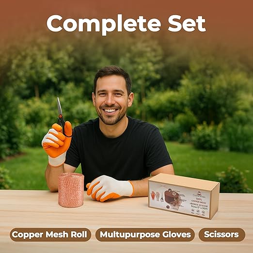 Copper Mesh Rodent Control, 5in x 36ft- Rustproof Copper Mesh Roll for Rodent, Bat & Snail - Perfect for Hole Blocking, Gardening & Sealing Water Opening - Plus Bonus Scissor & Gloves