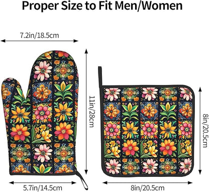 Mexican Oven Mitts and Pot Holders - Colorful Flowers Kitchen Mitt Sets of 2 Boho Oven Gloves Hot Pads for Cooking Baking Grilling