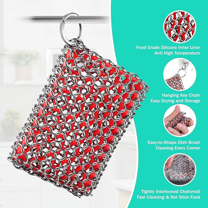 HAUSHOF Cast Iron Scrubber, Chainmail Scrubber with Silicone Core, Premium Chainmail Scrubber Sponge for Skillet, Pan, Dutch Oven