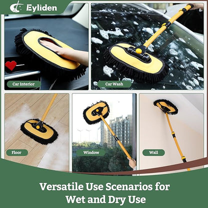 Eyliden Car Wash Brush Mop with Long Handle, 90° Swivel Head with 45° Angle Lock, 2 Scratch-Free Microfiber Heads, Car Detailing Kit for Car Truck RV, Yellow & Black