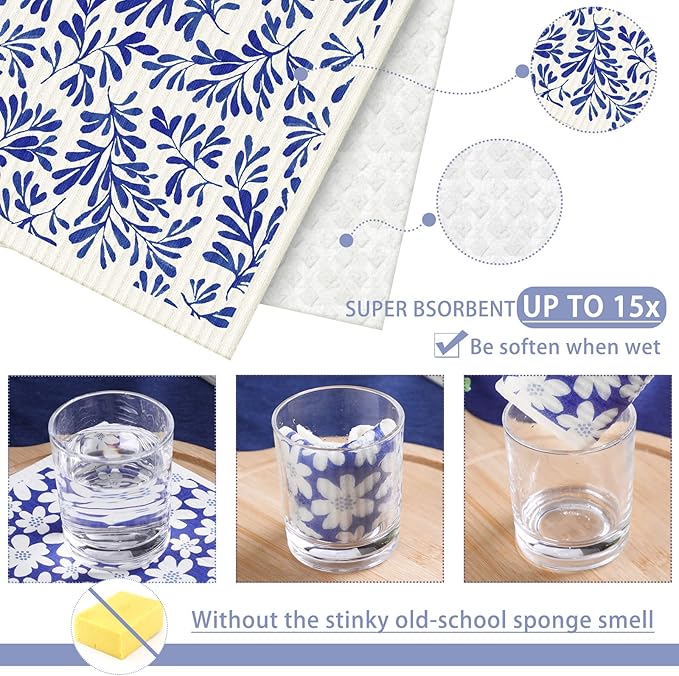 Cunhill 6 Pcs Swedish Kitchen Dish Cloths Kitchen Towels Reusable Sponge Cleaning Cloths Wipes Absorbent Dish Cloth Quick Drying Decor (Blue Leaves)