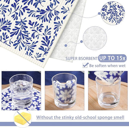 Cunhill 6 Pcs Swedish Kitchen Dish Cloths Kitchen Towels Reusable Sponge Cleaning Cloths Wipes Absorbent Dish Cloth Quick Drying Decor (Blue Leaves)