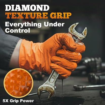 TitanFlex Heavy Duty Orange Industrial Nitrile Gloves with Raised Diamond Texture, Latex Free (6mil/8mil)