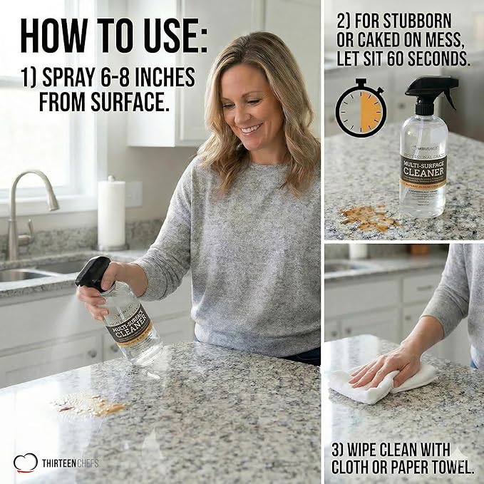 Thirteen Chefs Multi-Surface Cleaner for Granite and Quartz Countertop, Stainless Steel Appliances, Wood Furniture and Tables - 32oz Spray Bottle (32oz)