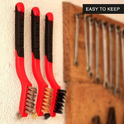 Wire Brush Set 3Pcs - Nylon/Brass/Stainless Steel Bristles with Curved Handle Grip for Rust, Dirt & Paint Scrubbing with Deep Cleaning – 7 Inches (Red)