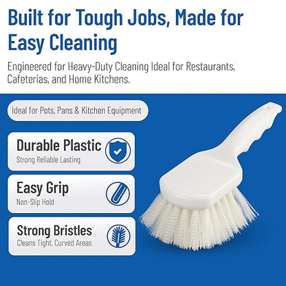 SPARTA Flo-Pac 8" Utility Scrub Brush with 2" Nylon Bristles, Plastic Pistol Grip Handle, Commercial Handheld Cleaning Brush, White (Pack of 12)