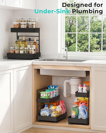 EVERIE Metal Pull Out Slide Shelf Organizer for Under Sink Organization in Kitchen, Bathroom, Counter, Cabinets, Minimum Available Space 13" Wide x 16.5" Deep (Black, 1 Set)