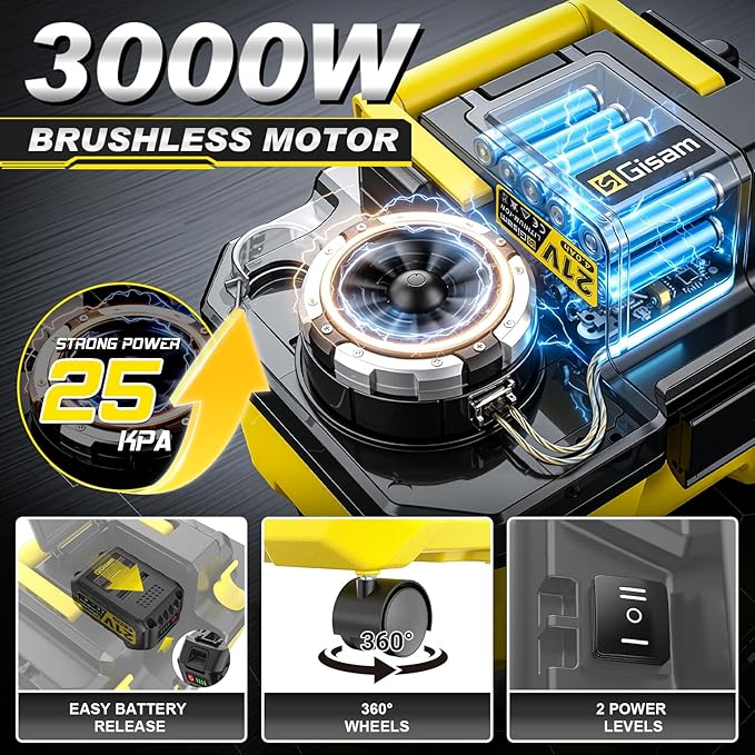 Cordless Shop Vac,3000W Brushless Motor,2x4.0Ah Battery Powered Shop Vac - 3-in-1 Wet Dry Vacuum Wet and Dry with HEPA Filter,Shoulder Strap & Accessory Storage Holder,Portable for Garage,Workshop,Car