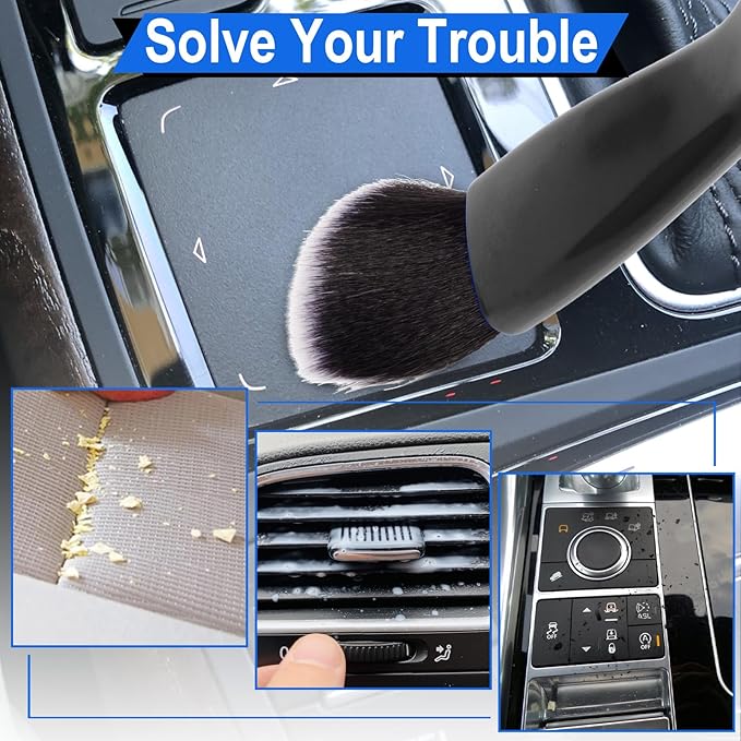 BFXM 2PCS Double Head Brush for Car Clean, Car Accessories Universal 2 in 1 Car Detailing Brush, Double Ended Portable Dust Brush with 4 Cleaning Cloth, for Air Conditioner Outlets, Dashboard Screen
