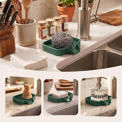 MicoYang Silicone Bathroom Soap Dishes with Drain Spout-Bathroom and Kitchen Sink Organizer,Sponge Holder,Dish Soap Tray,Perfect for Dispenser,Scrubber,Bottle,Cup on Sink or Counter-Green 4.9"×3.2"
