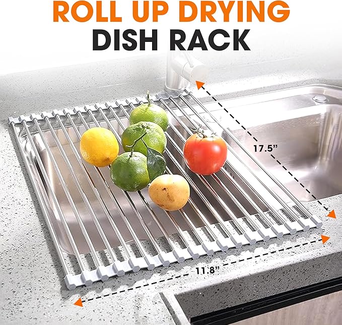 Cheer Collection Dish Drying Rack – Multipurpose Over The Sink Drying Rack Non-Slip Stainless Steel Rack – Heat Resistant and Dishwasher Safe