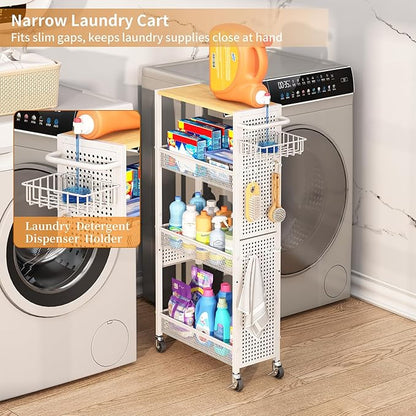 Slim Storage Rolling Cart: 4-Tier Narrow Metal & Wood Utility Cart with Wheels for Kitchen/Laundry/Bathroom(White)