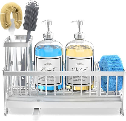 Moforoco Larger Version Sponge Holder for Kitchen Sink, Sink Caddy with High Brush Holder, Kitchen Sink Organizer Countertop Rustproof 304 Stainless Steel (Stainless Steel)
