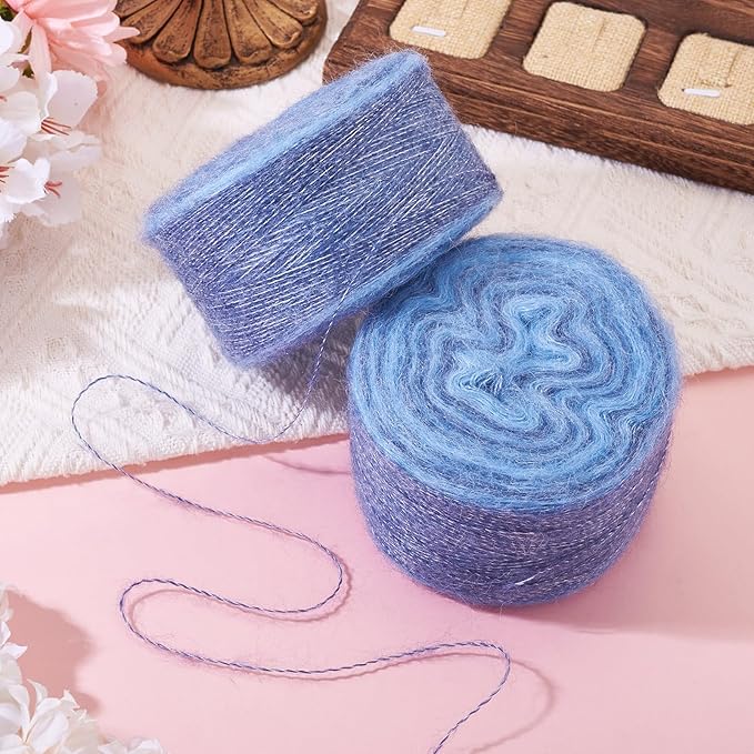 2 Roll Mohair Wool Yarn Soft for Crocheting Knitting Hand Washable Long Wool Yarn DIY Scarf Crochet Thread for Clothes Hats Sweater Scarf Craft Projects (Light Steel Blue)