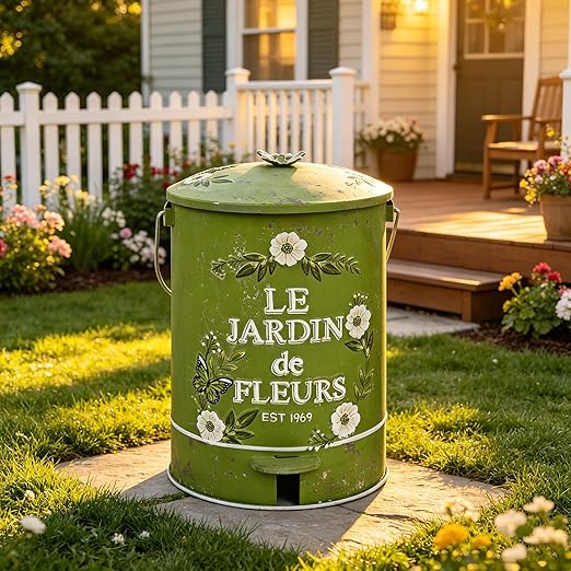 Rustic Farmhouse Decor Trash Can with Lid and Pedal Retro Handmade Distressed Design Pattern Round Garbage Cans Recycling Waste Bin for Home Patio Yard Bathroom Kitchen Garden Living Room Green