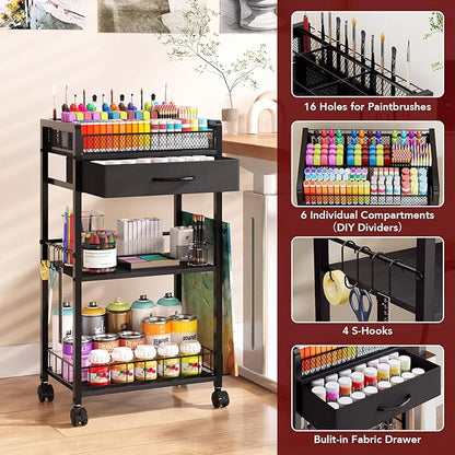 Homsorout 3 Tier Rolling Cart - Metal Utility Cart with Storage Drawer and Wheels, Versatile Art & Craft Organizer for Home, Office, or Studio Ideal for Storing Brushes, Paints, and Supplies Black