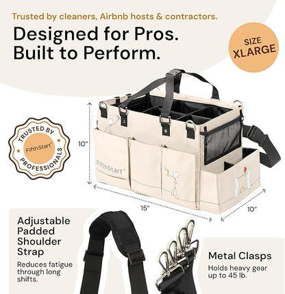 Multiuse Cleaning Caddy - Adjustable Straps & Caddy Organizer with Handle - Mesh Base & 9 Pockets Organizer Bag - 5 Dividers & Washable Fabric Cleaning Tote (beige, XL)