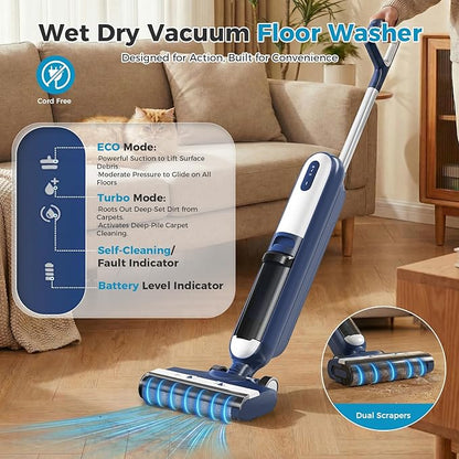 Wet Dry Vacuum Cleaner, Cordless Floor Washer, Vacuum and Mop All in One with Auto Self-Cleaning, Dual Water Tank & Tangle-Free Brush Design, Dual-Edge Cleaning, Up to 35-Minute Runtime