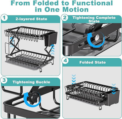 2-Tier Dish Racks for Kitchen Counter, Stainless Steel Kitchen Dish Drying Rack Large Dish Drainers for Kitchens Counter, Space Saving Dishes Strainer for Bowl, Plate, Cup - Modern Counter Organizer
