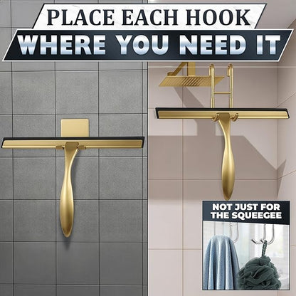 12 Inch Shower Door Squeegee - Gold Squeegee for Shower Glass with Stainless Steel Body, Silicone Blade, Adhesive & Hanging Hooks for Streak-Free Mirror, Tile, Window, Bathroom, Car, Everyday Home Use