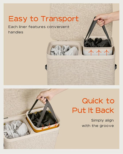 CASAMAYA Laundry Basket with Lid, Laundry Hamper 2 Section, 170L collapsible Laundry Organizer, Easy Assembly, with Handles and Removable Liners, 22 x 15.7 x 29.5 Inches, Beige JSP903M