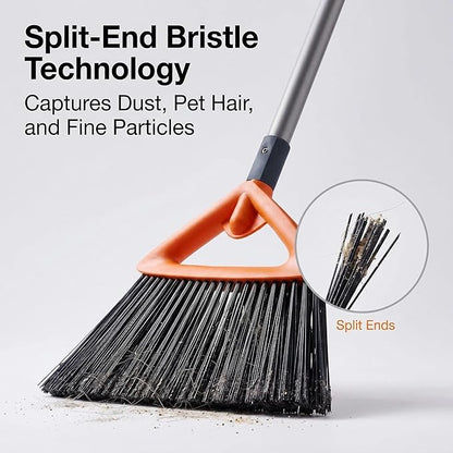 CLEANHOME Heavy Duty Broom with Dustpan Combo Set Indoor and Outdoor Dual Purpose,Stiff Bristle Commercial Angle Broom and Standing Dust Pans with Long Handle for Sweeping Home,Kitchen,Yard,Grey