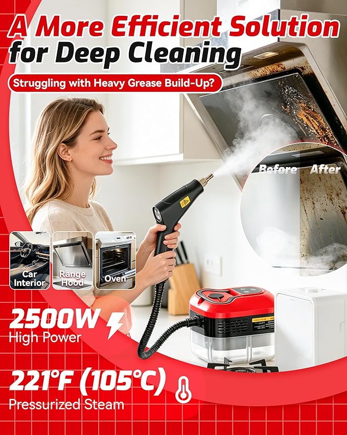 Handheld Steam Cleaner – 2500w Steam Cleaner, 10s Fast Heat, 6 Adjustable Levels, 40.6oz Large Tank, Complete Cleaning Kit, Multi-surface for Grease, Grout, Kitchen, Bathroom, Sofa & Car (Red)
